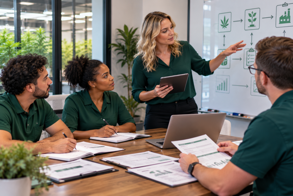 Cannabis business professionals reviewing operational plans during a team meeting