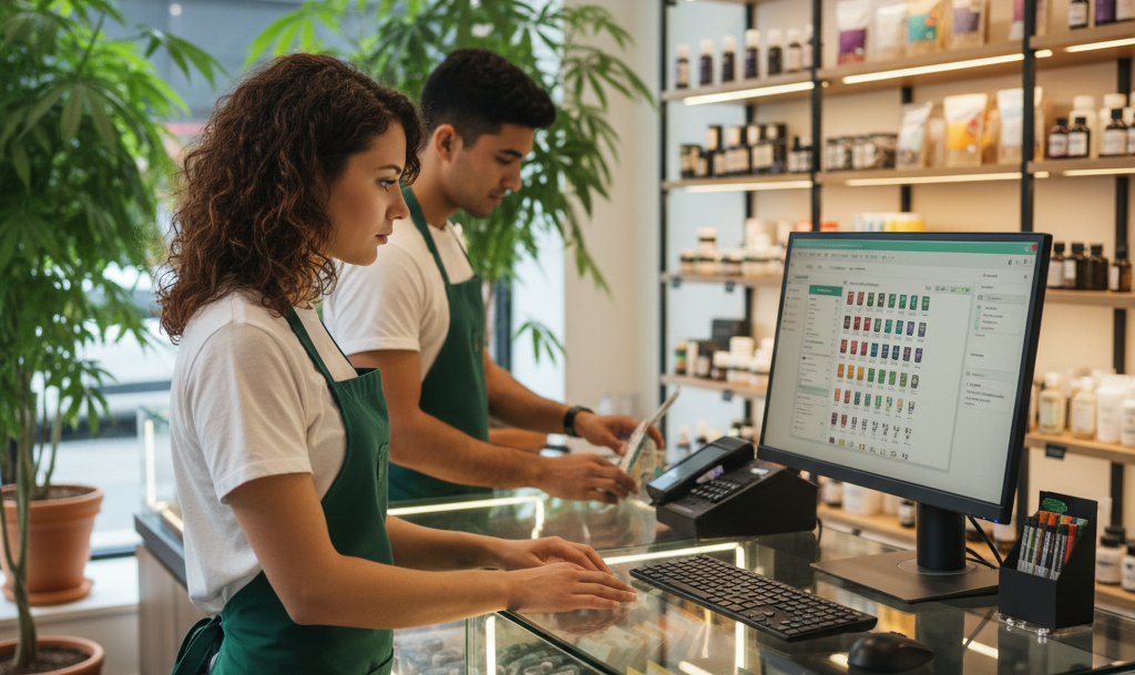 What to Expect When Working in a Cannabis Dispensary 1 Two cannabis dispensary employees wearing green aprons operate a point-of-sale system at a retail counter.