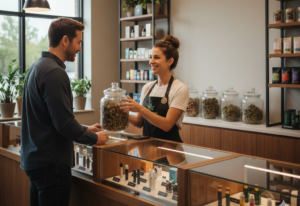 Cannabis dispensary employee showing a jar of cannabis flower to a customer across a glass display counter in a retail store.
