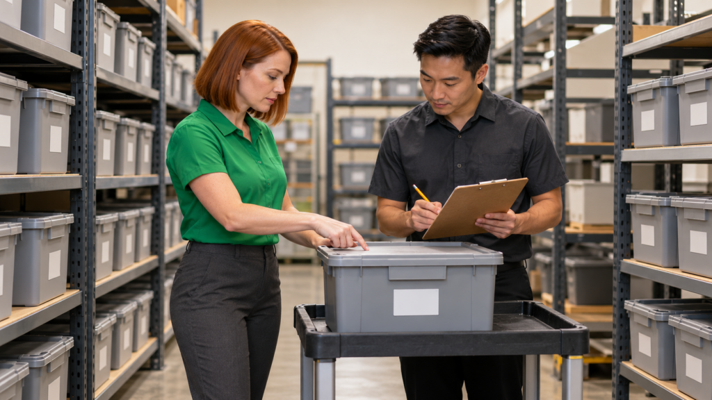 ROI of Compliance: How Reducing Fines May Support the Bottom Line 1 Two workers check a closed inventory container on a cart, with one recording information on a clipboard between storage shelves.