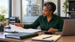 Professional in a dark green shirt reviews records in an open binder beside a calculator and laptop.