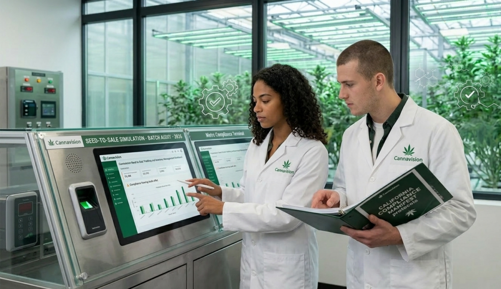 How Cannabis Education Can Support Advanced Career Opportunities 1 Two people in white laboratory coats review charts on a digital workstation, with cannabis plants visible through the windows.