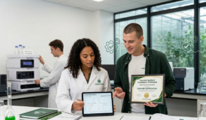 Two people in a cannabis laboratory review analytical data on a tablet while one holds a framed certificate.