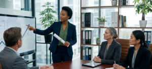 A professional presenting business data on a screen to three colleagues during a conference room meeting.