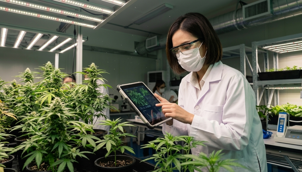 Professional wearing a lab coat, safety glasses, and face mask reviews a tablet beside cannabis plants in an indoor cultivation facility.