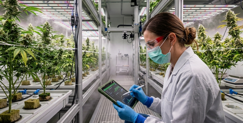 What Software and Tools Do Cannabis Compliance Officers Use? 1 Professional wearing safety glasses, a face mask, and blue gloves uses a tablet between rows of cannabis plants in an indoor cultivation facility.
