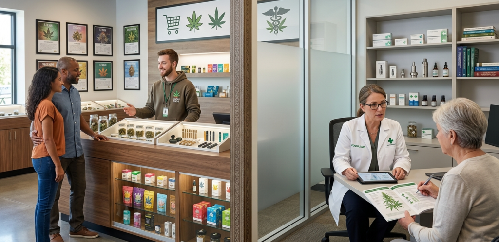 Side-by-side illustration comparing retail and medical cannabis dispensary work environments.