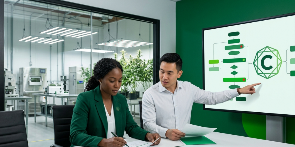 Two cannabis compliance professionals reviewing regulatory records together