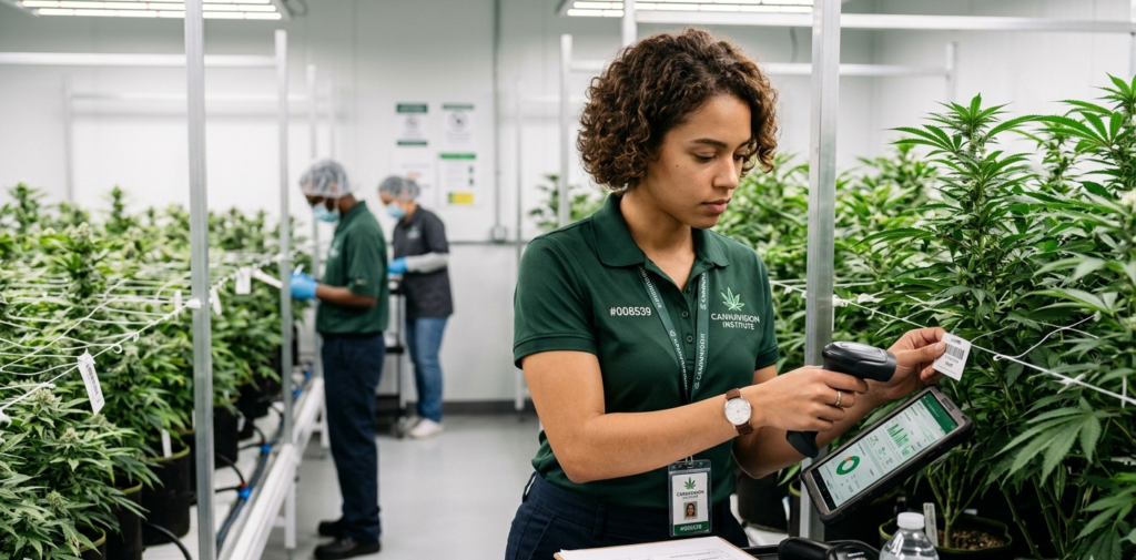 An entry level compliance specialist records seed-to-sale tracking data on a tablet, demonstrating the physical job requirements for cannabis compliance job.