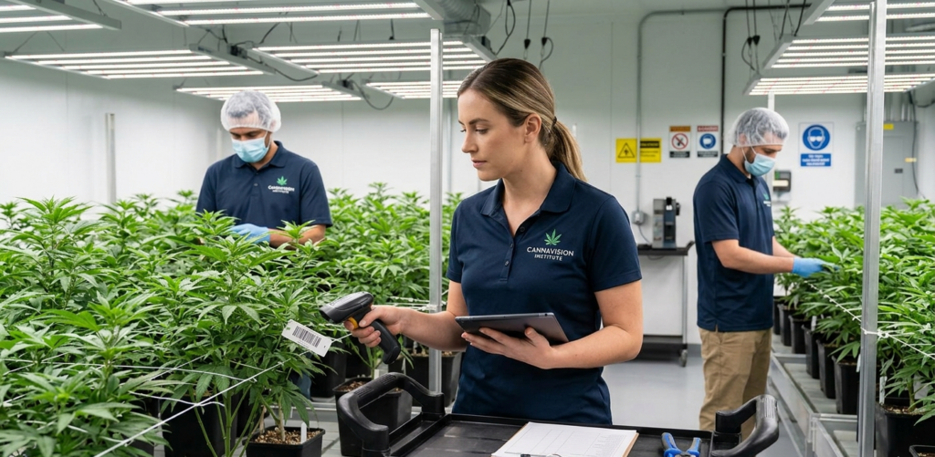 How to Land Your First Cannabis Compliance Job With No Industry Experience 1 A professional in a cannabis compliance job using a handheld scanner and tablet to verify inventory tags in a cultivation center.