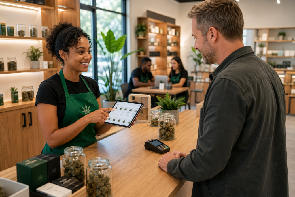 Dispensary associate in a green apron shows product options on a tablet to a customer across a retail counter.