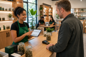 Dispensary associate in a green apron shows product options on a tablet to a customer across a retail counter.
