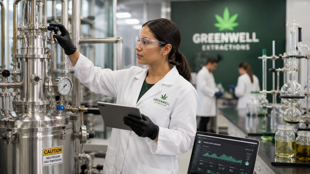 young cannabis extraction technician in a modern laboratory reviewing salary range and data charts on a computer monitor