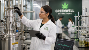 young cannabis extraction technician in a modern laboratory reviewing salary range and data charts on a computer monitor