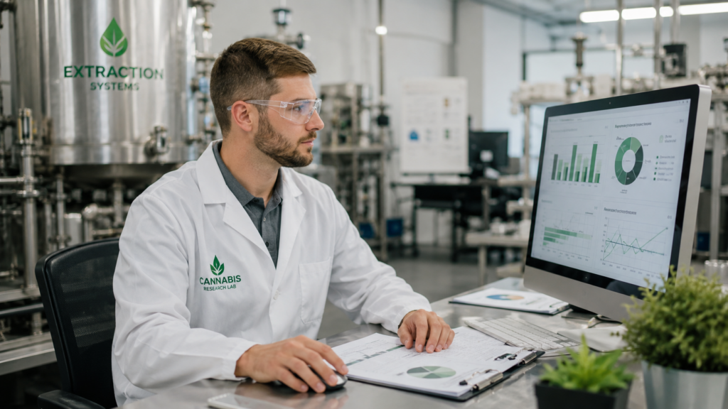 What Is the Salary Range for Cannabis Extraction Technicians? 1 Cannabis extraction technician reviewing production data on a computer in a modern laboratory with safety equipment and blurred extraction systems in the background.