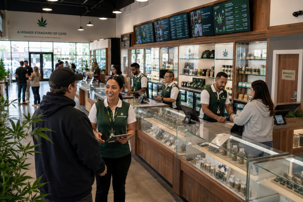 Behind the Scenes of Cannabis Retail Operations 1 Dispensary staff reviewing cannabis inventory records during back-of-house retail operations.