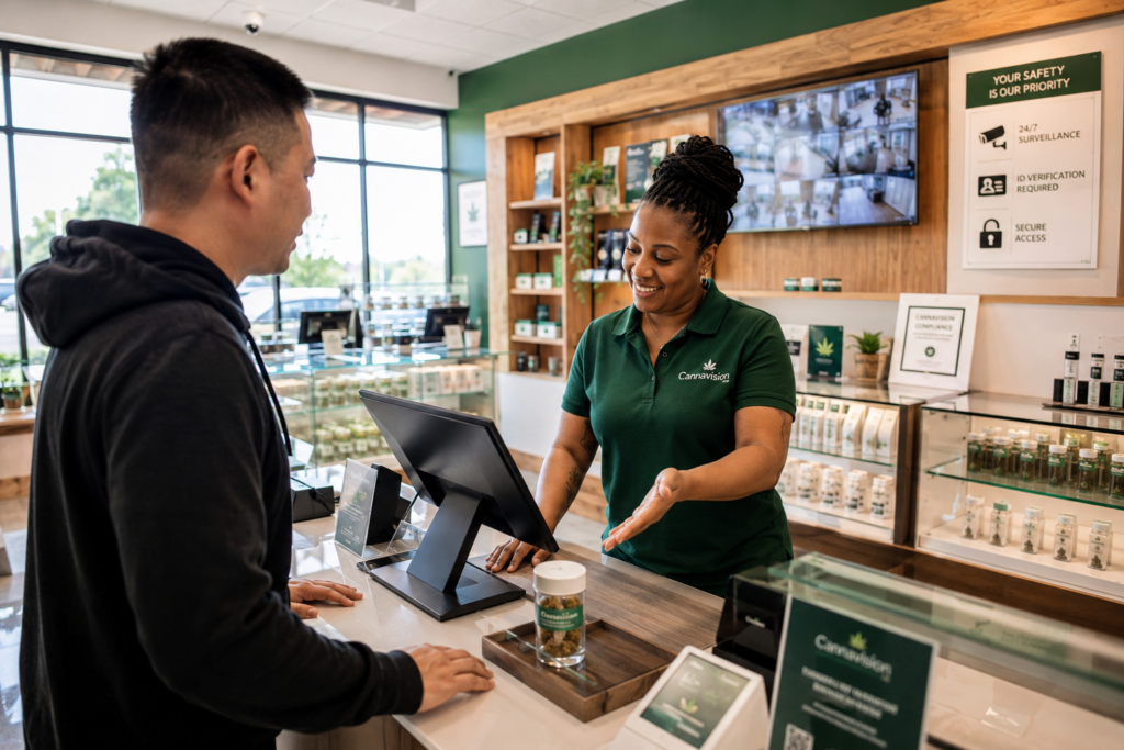Budtender assisting a customer at a cannabis dispensary point-of-sale counter.