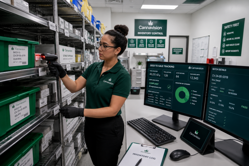 Inventory specialist scanning cannabis inventory while reviewing seed-to-sale tracking records