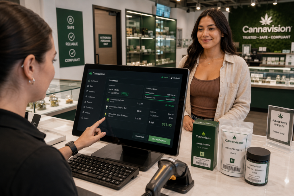 How Seed-to-Sale Tracking Systems Support Cannabis Compliance 1 Dispensary employee using a point-of-sale inventory system during a retail transaction