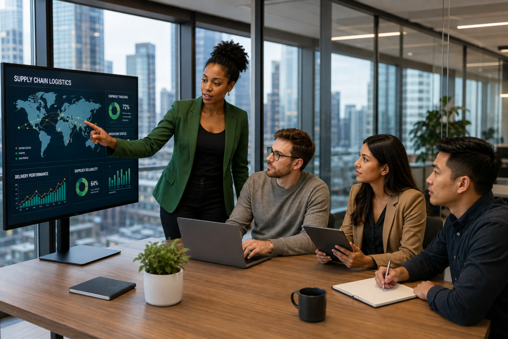 Cannabis industry professionals reviewing business operations, analytics, and supply-chain information