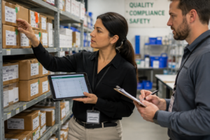 Cannabis compliance professional reviewing facility information on a digital tablet