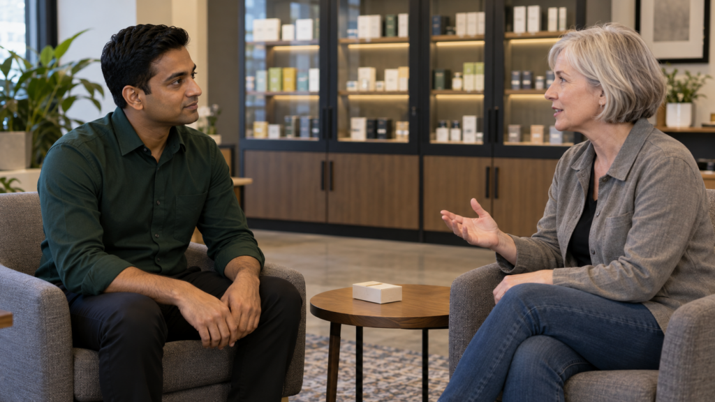 What Customer Service Skills Matter Most in Cannabis Retail? 1 Dispensary associate in a dark green shirt listens to an adult customer speaking in a seated consultation area.