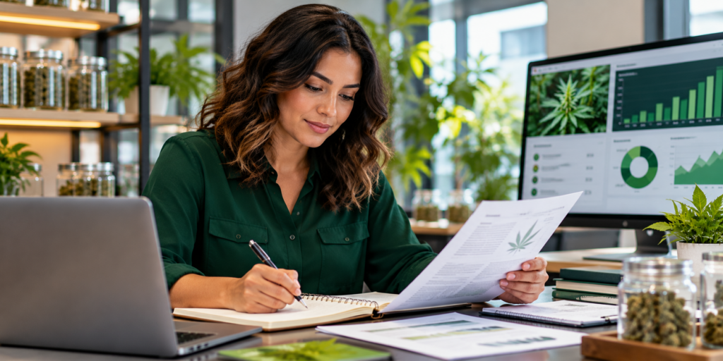 A cannabis industry professional in a dark green blouse reviews printed materials and takes notes beside a computer displaying business analytics.
