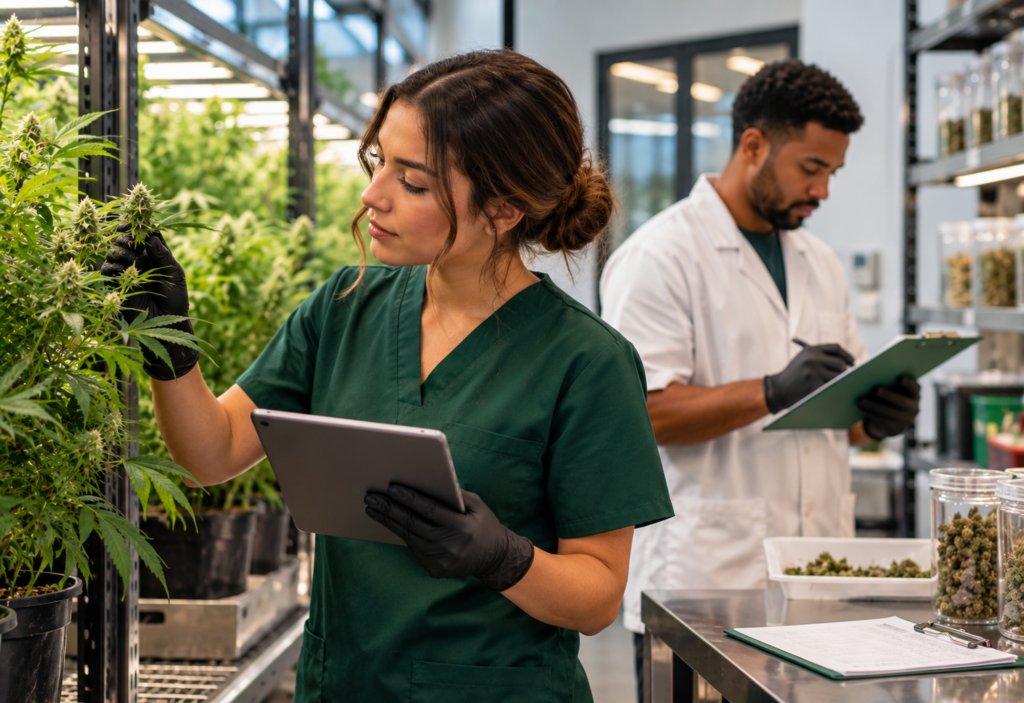 Is a Cannabis Studies A.A.S. Degree Worth It? Costs, Salaries, and Career Considerations 1 Two cannabis cultivation professionals wearing protective gloves inspect cannabis plants and document observations using a tablet and clipboard.