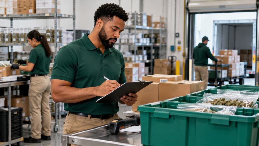 Cannabis inventory worker reviewing documentation beside packaged products in a warehouse