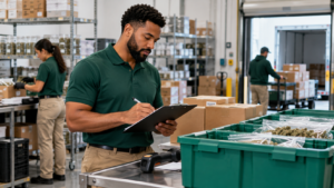 Cannabis inventory worker reviewing documentation beside packaged products in a warehouse