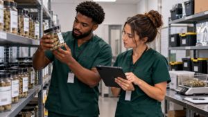 Two cannabis operations professionals in dark green scrubs review a cannabis product container and inventory records on a tablet in a storage room.