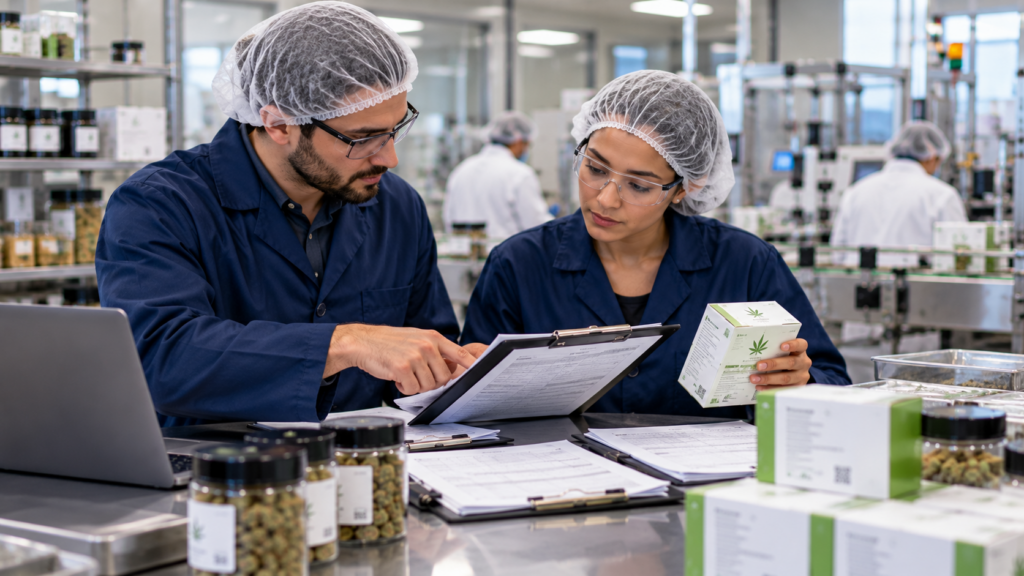 Quality and compliance team members reviewing batch records and cannabis product labeling in a manufacturing facility