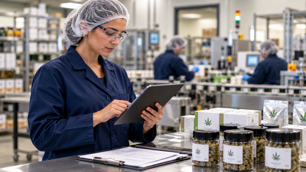 Quality compliance professional reviewing production records on a tablet in a cannabis manufacturing facility