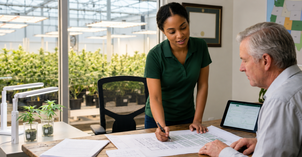 Two professionals reviewing operational planning documents at a desk overlooking an indoor cannabis cultivation facility.