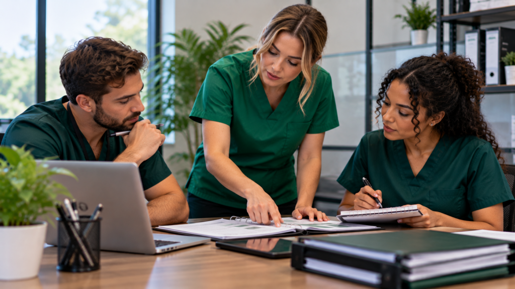 What Can You Learn in Cannabis Compliance Training? 1 Three cannabis operations professionals in green scrubs review documents and discuss workplace procedures around a conference table.