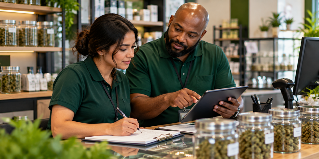 How to Prepare for a Cannabis Career with Cannavision Education 1 Two cannabis dispensary professionals in dark green polo shirts review information on a tablet while one takes notes at a retail counter.