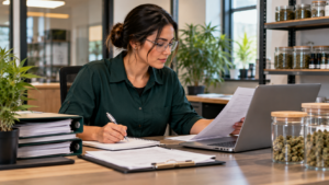 Cannabis compliance professional reviewing documents and taking notes at a desk with a laptop and cannabis product samples.