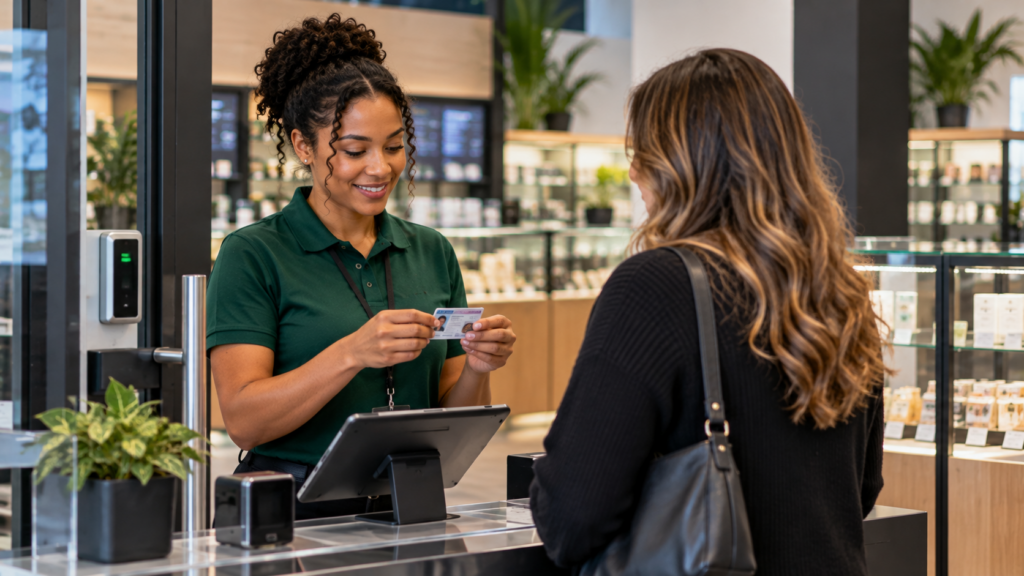 Cannabis dispensary employee checking a customer's identification at the entrance of a retail dispensary.