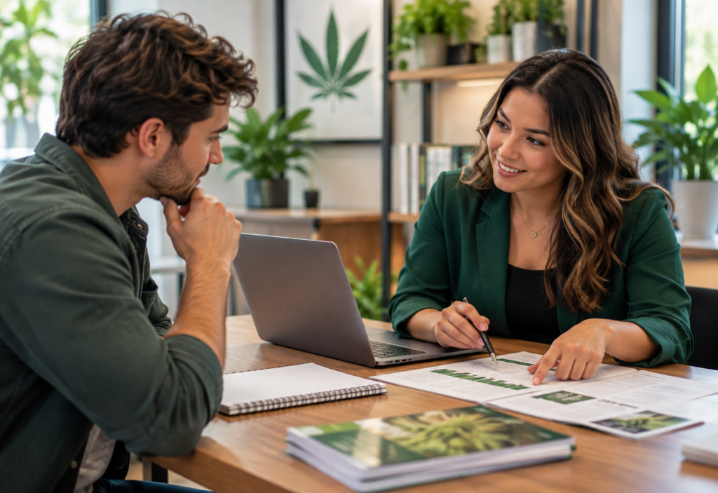 Prospective student discusses cannabis studies degree options with an education advisor reviewing documents at a desk.