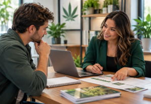 Prospective student discusses cannabis studies degree options with an education advisor reviewing documents at a desk.