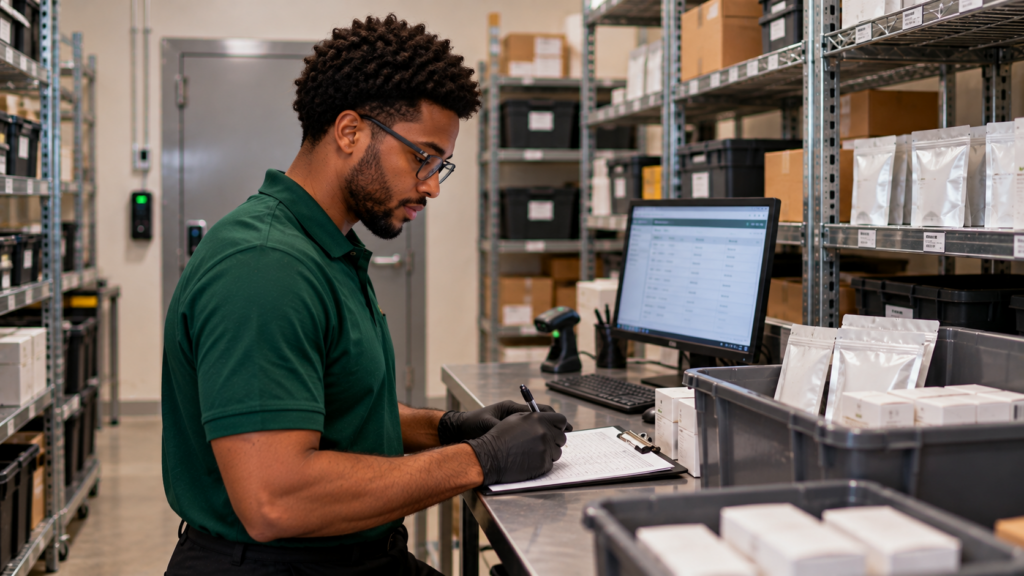 How Does a Cannabis Dispensary Operate? A Closer Look 1 Cannabis dispensary inventory employee recording product information at a stockroom workstation.