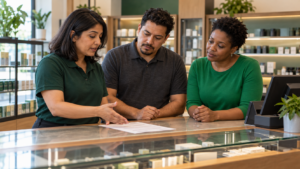Three dispensary employees reviewing a paper checklist together at a glass sales counter before a shift.