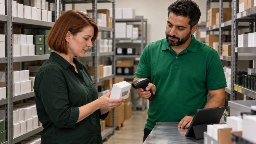 Two dispensary employees checking a packaged product with a barcode scanner beside stockroom shelves and a tablet.