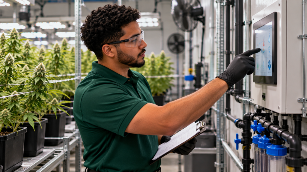 Cannabis cultivation worker checking an environmental control panel in an indoor growing facility