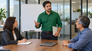 Professional in a green shirt presents to two seated colleagues at a meeting table beside a blank whiteboard.